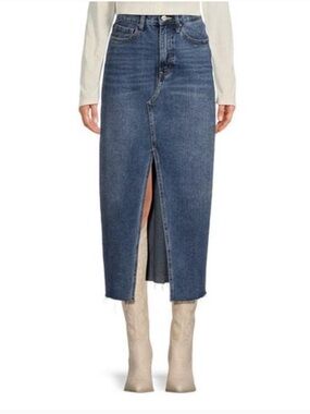 NWT Driftwood Sarah Front Slit Raw Hem Denim Skirt in Medium Wash Size 29